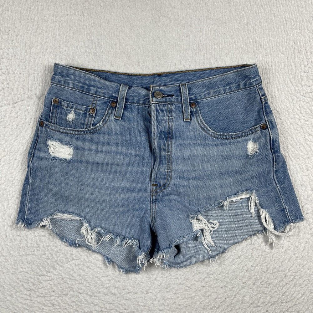 Levis 501 Jean Shorts Womens 28 Blue High Rise Denim Distressed Button Fly Short